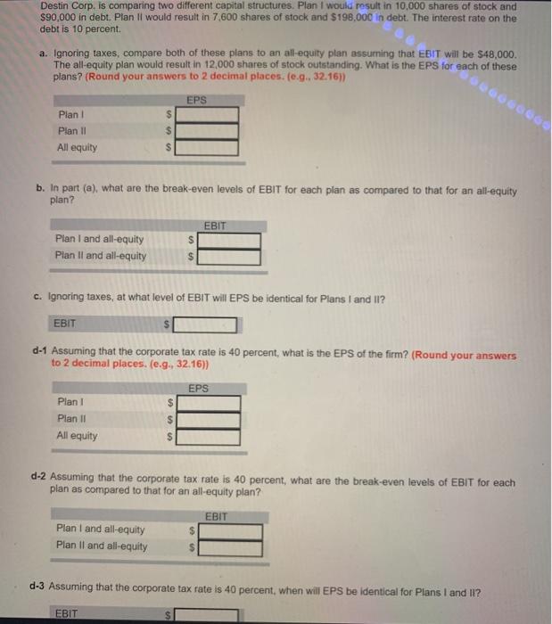  Destin Corp. is comparing two different capital structures. Plan I would