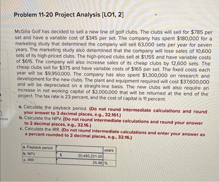  solve for a only Problem 11-20 Project Analysis (L01, 2] McGilla