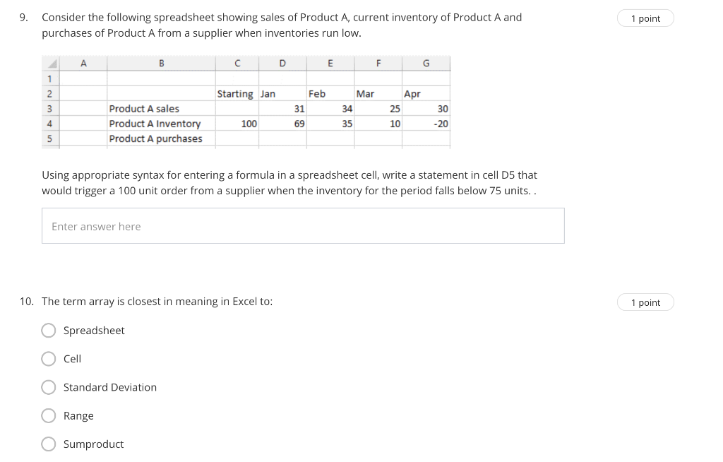 please help 1 point 9. Consider the following spreadsheet showing sales of