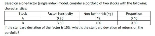  Based on a one-factor (single index) model, consider a portfolio of
