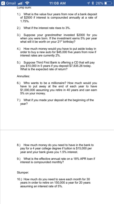  Gmail . 11:08 AM * 26%. Lump sum 1.) What is