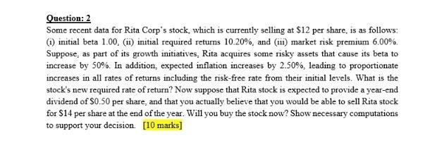 Question: 2 Some recent data for Rita Corp's stock, which is