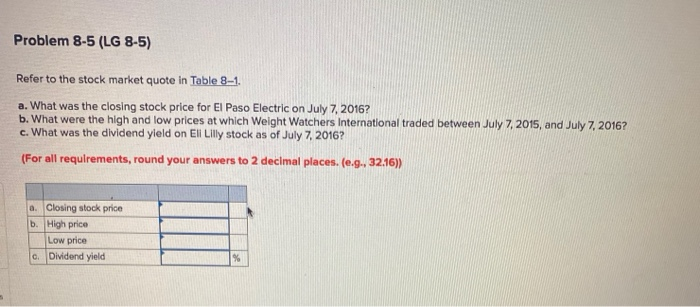please answer asap Problem 8-5 (LG 8-5) Refer to the stock market