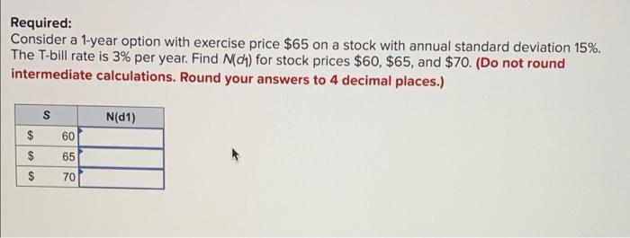 Required: Consider a 1-year option with exercise price $65 on a