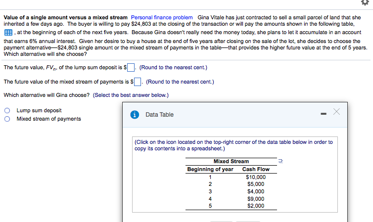Value of a single amount versus a mixed stream Personal finance