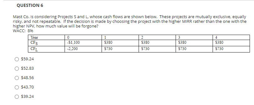  QUESTION 6 Mast Co. is considering Projects S and L, whose