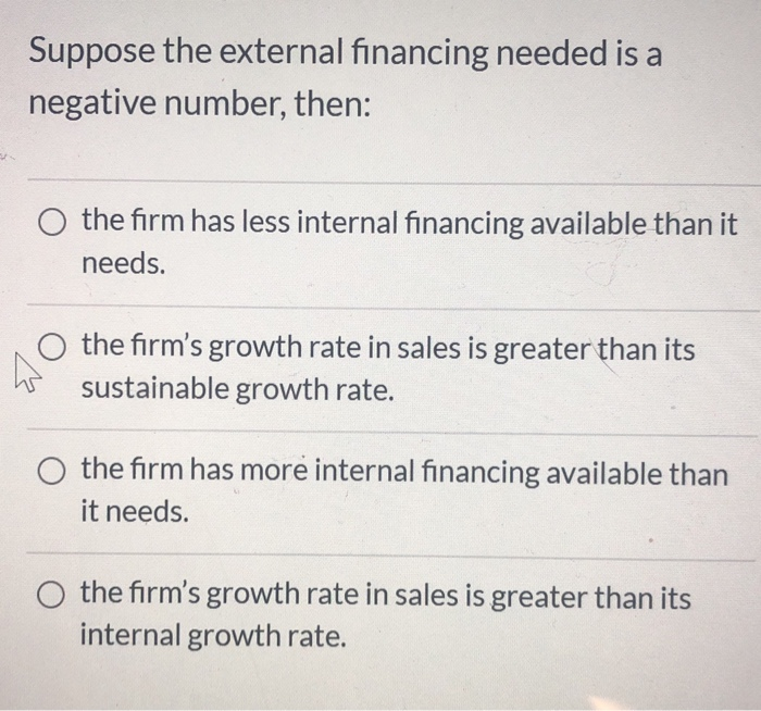  Suppose the external financing needed is a negative number, then: O
