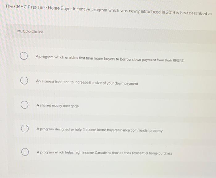 18. Multiple Choice The CMHC First-Time Home Buyer Incentive program which was