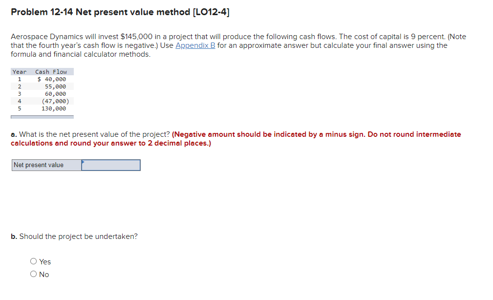 Problem 12-14 Net present value method [LO12-4) Aerospace Dynamics will invest