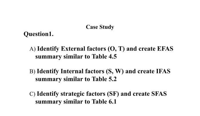  Case Study Question1. A) Identify External factors (0, T) and create