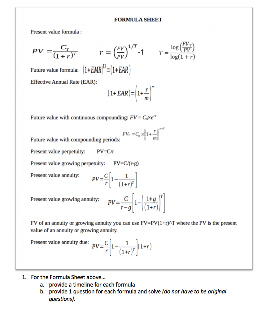 FORMULA SHEET Present value formula FV lo PV log(1 r) Future