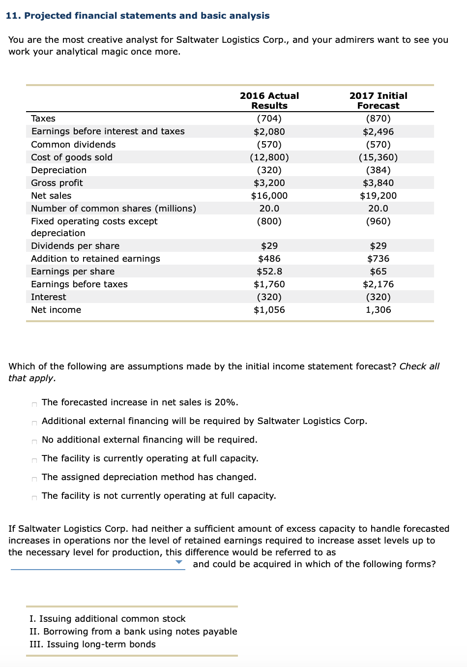  11. Projected financial statements and basic analysis You are the most