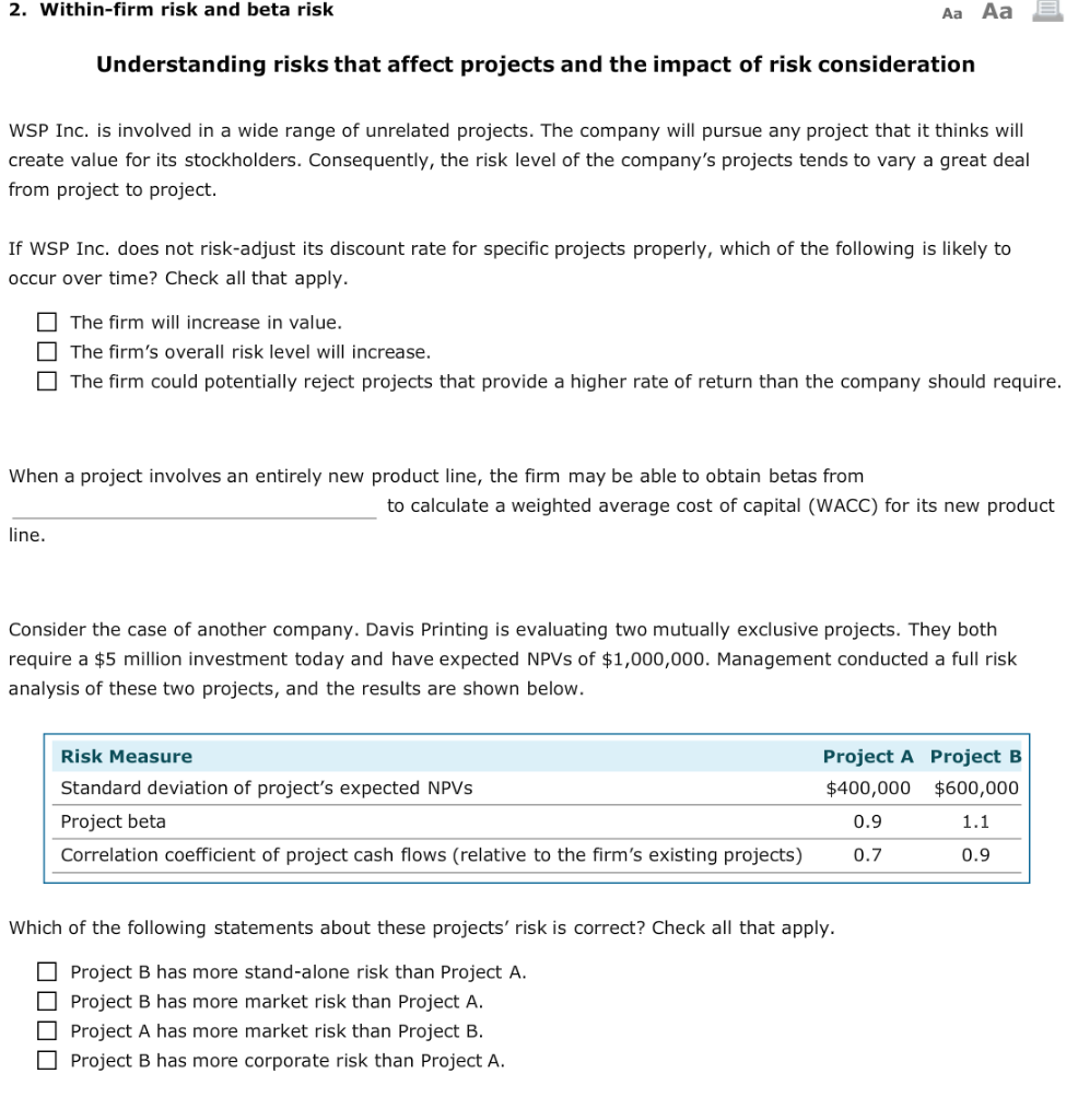 2. Within-firm risk and beta risk Aa Aa Understanding risks that