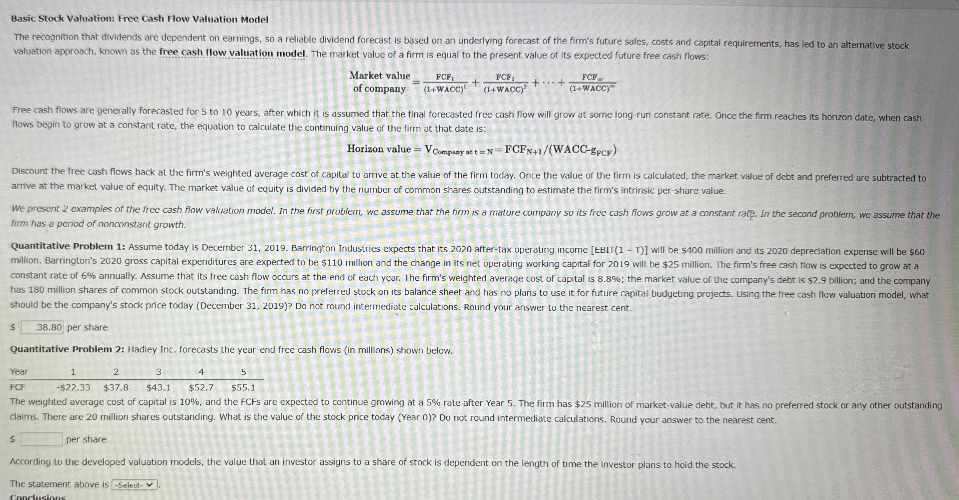  Basic Stock Valuation: Free Cash Flow Valuation Model valuation approach, known