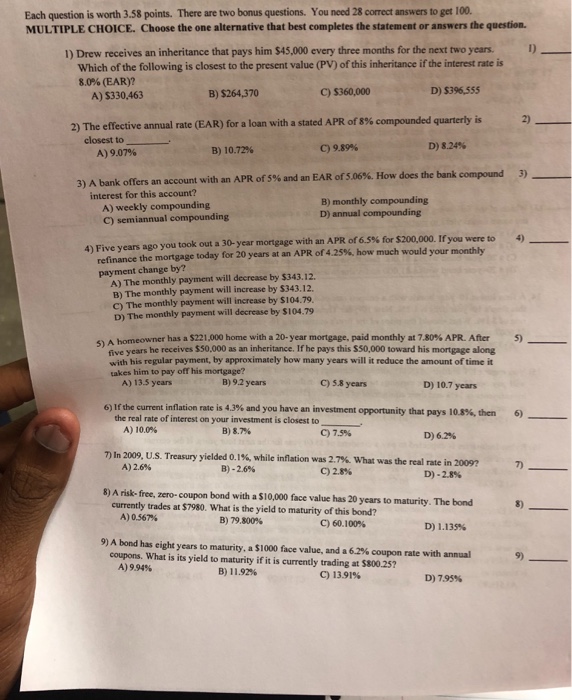  Need help with some question. 1) Drew receives an inheritance that