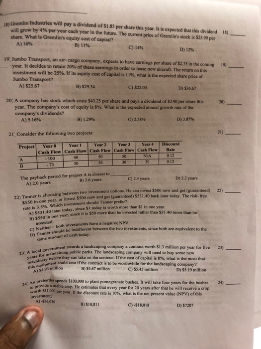  Need help 18 and 19 13) Gremlin Industries will pay a