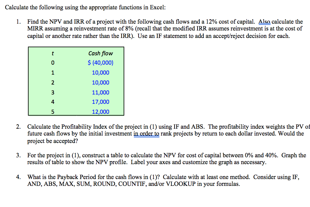 Calculate the following using the appropriate functions in Excel: 1. Find