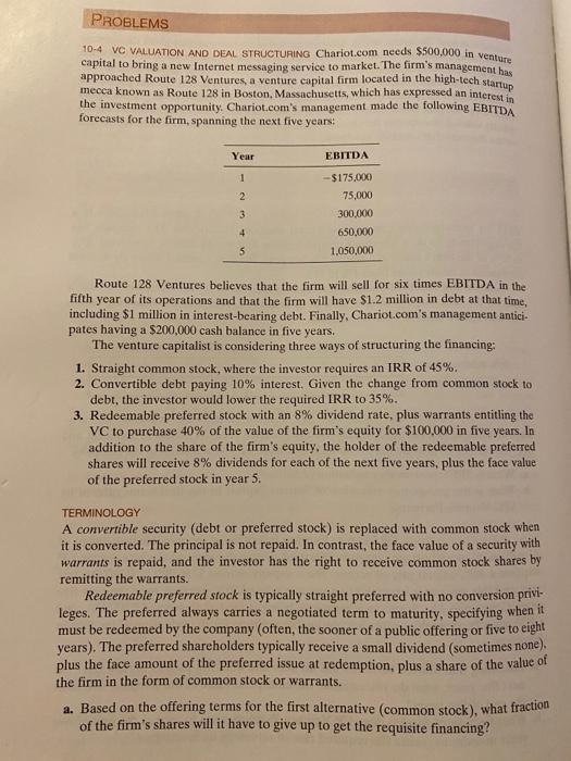  PROBLEMS 10-4 VC VALUATION AND DEAL STRUCTURING Chariot.com needs $500,000 in