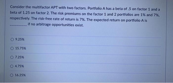  Consider the multifactor APT with two factors. Portfolio A has a