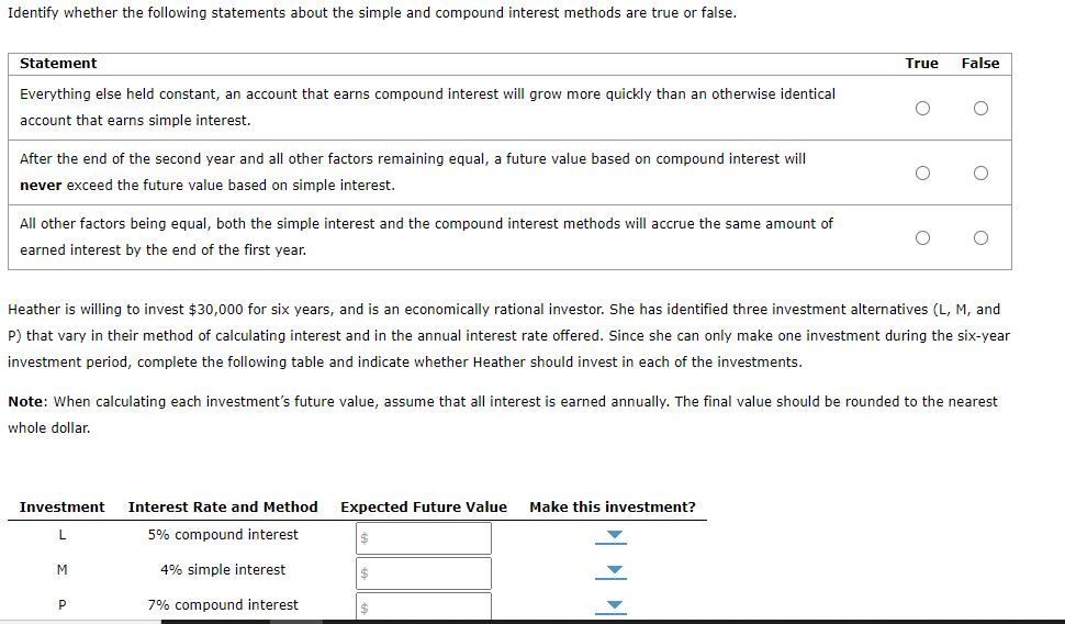Identify whether the following statements about the simple and compound interest