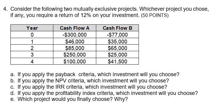 Consider the following two mutually exclusive projects. Whichever project you chose, if