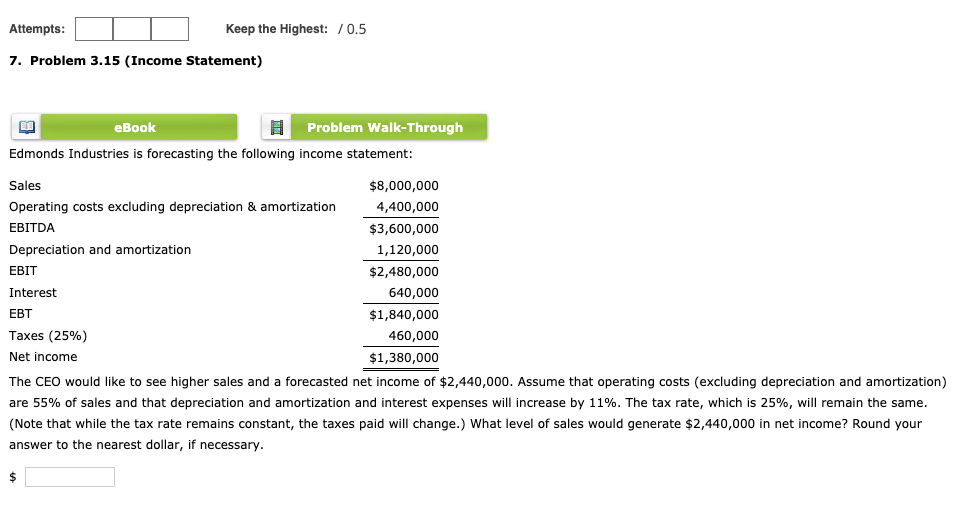 Attempts: Keep the Highest: /0.5 7. Problem 3.15 (Income Statement) eBook