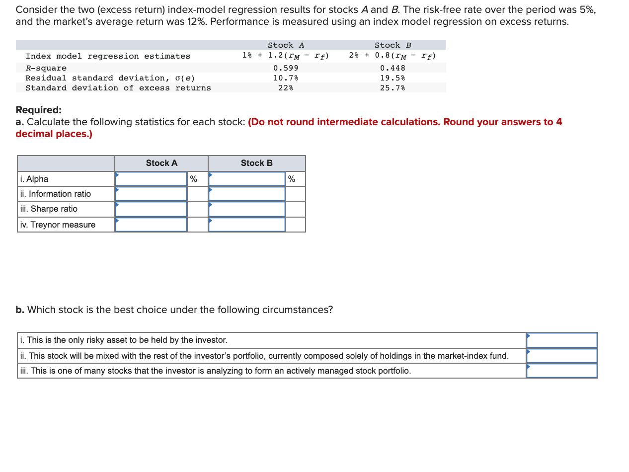  Consider the two (excess return) index-model regression results for stocks A