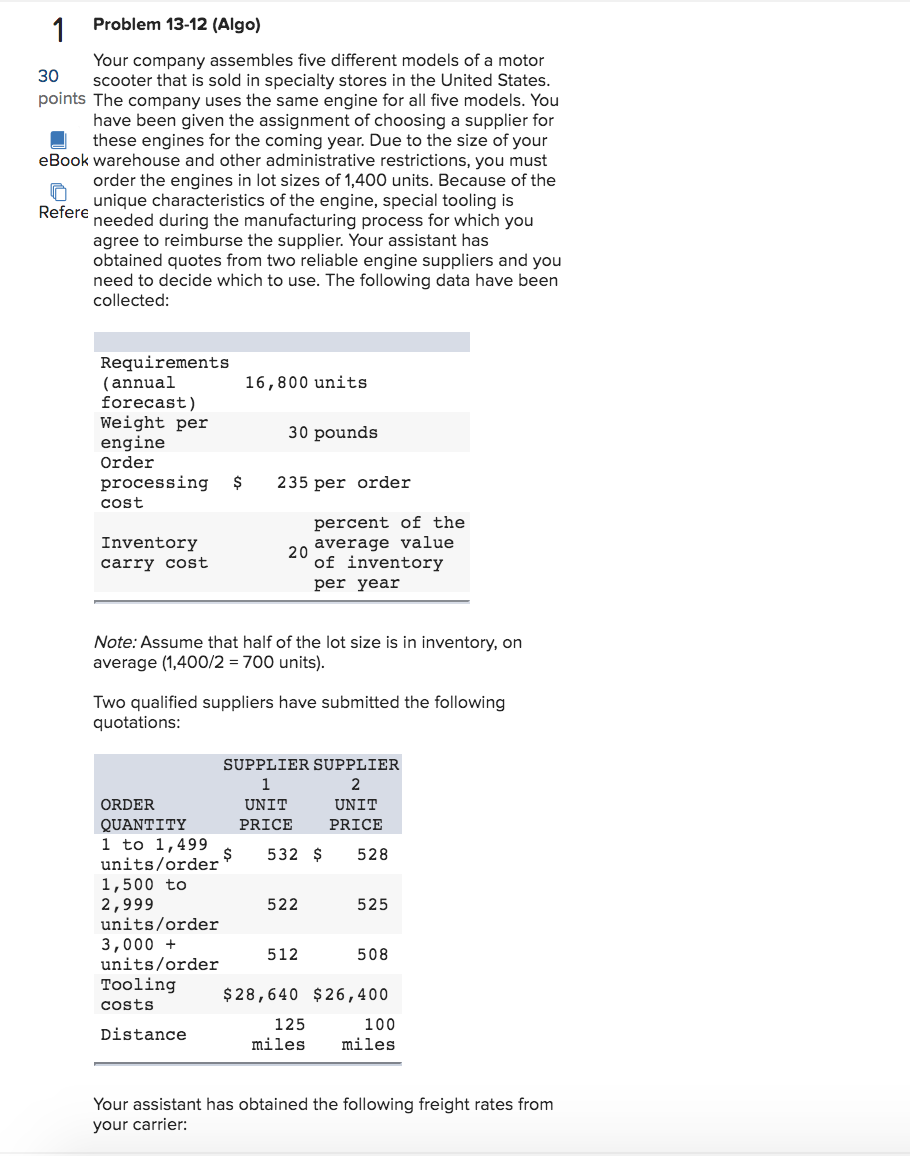  Problem 13-12 (Algo) 1 Your company assembles five different models of