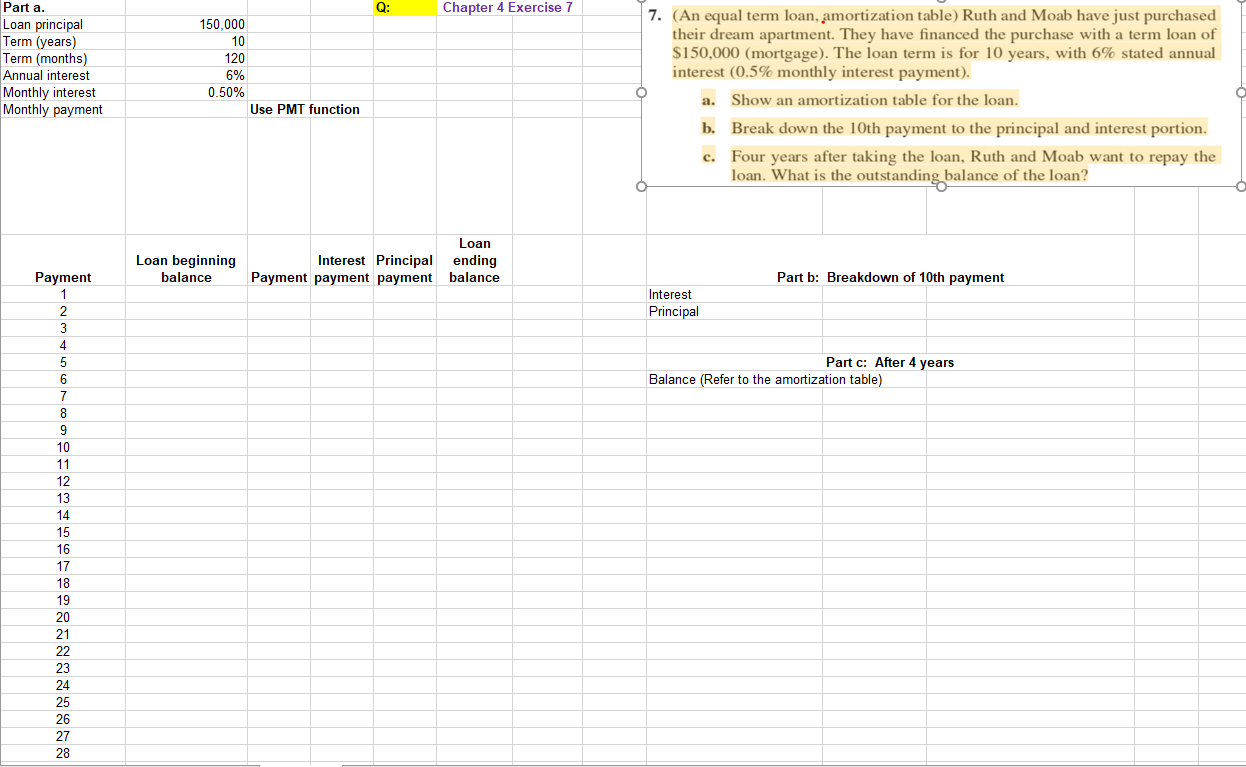 Problem solved on excel only! Rating will be given. Q: Chapter 4