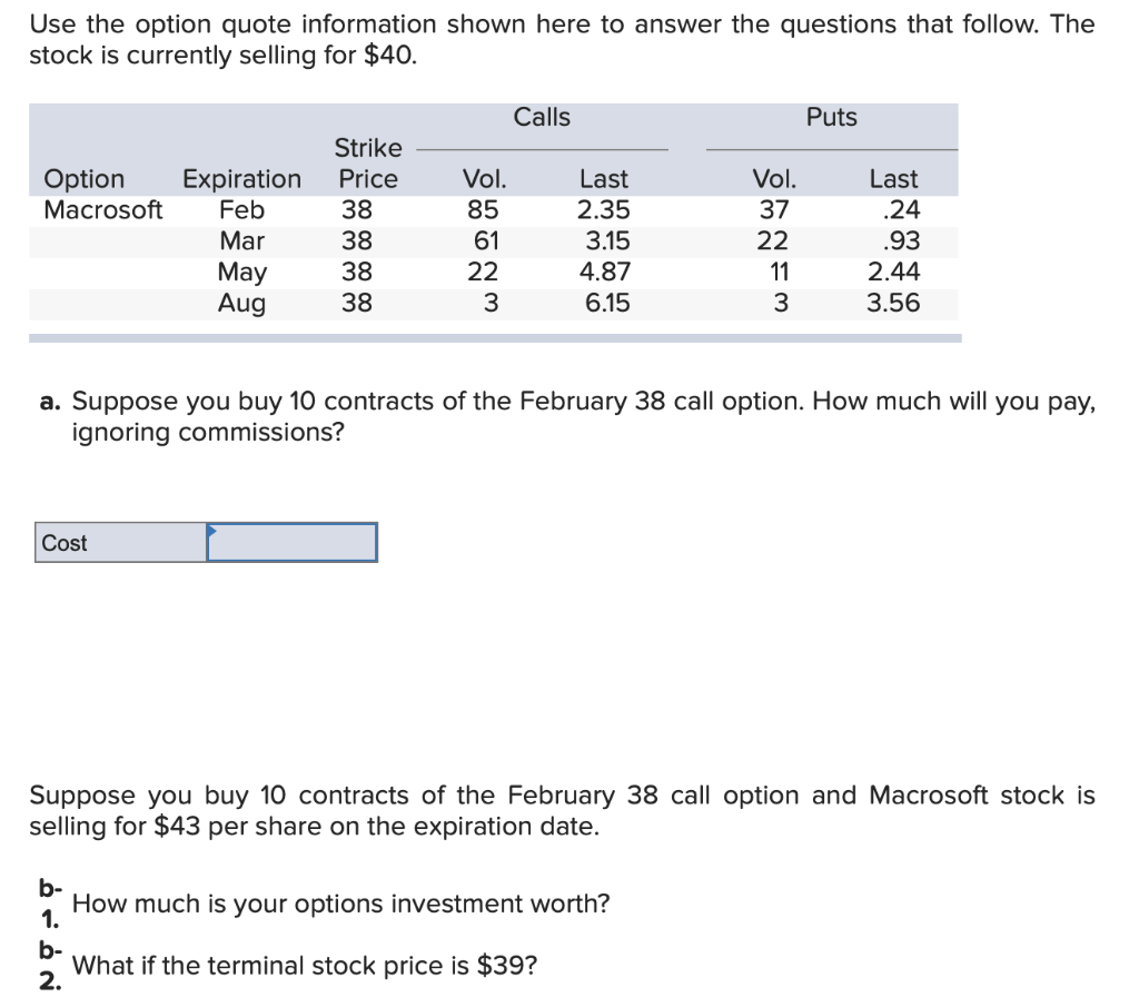  Use the option quote information shown here to answer the questions