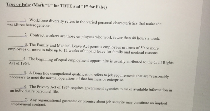  True or False (Mark "T" for TRUE and F for False)