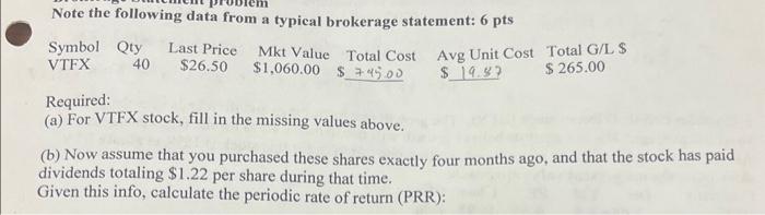  Note the following data from a typical brokerage statement: 6 pts