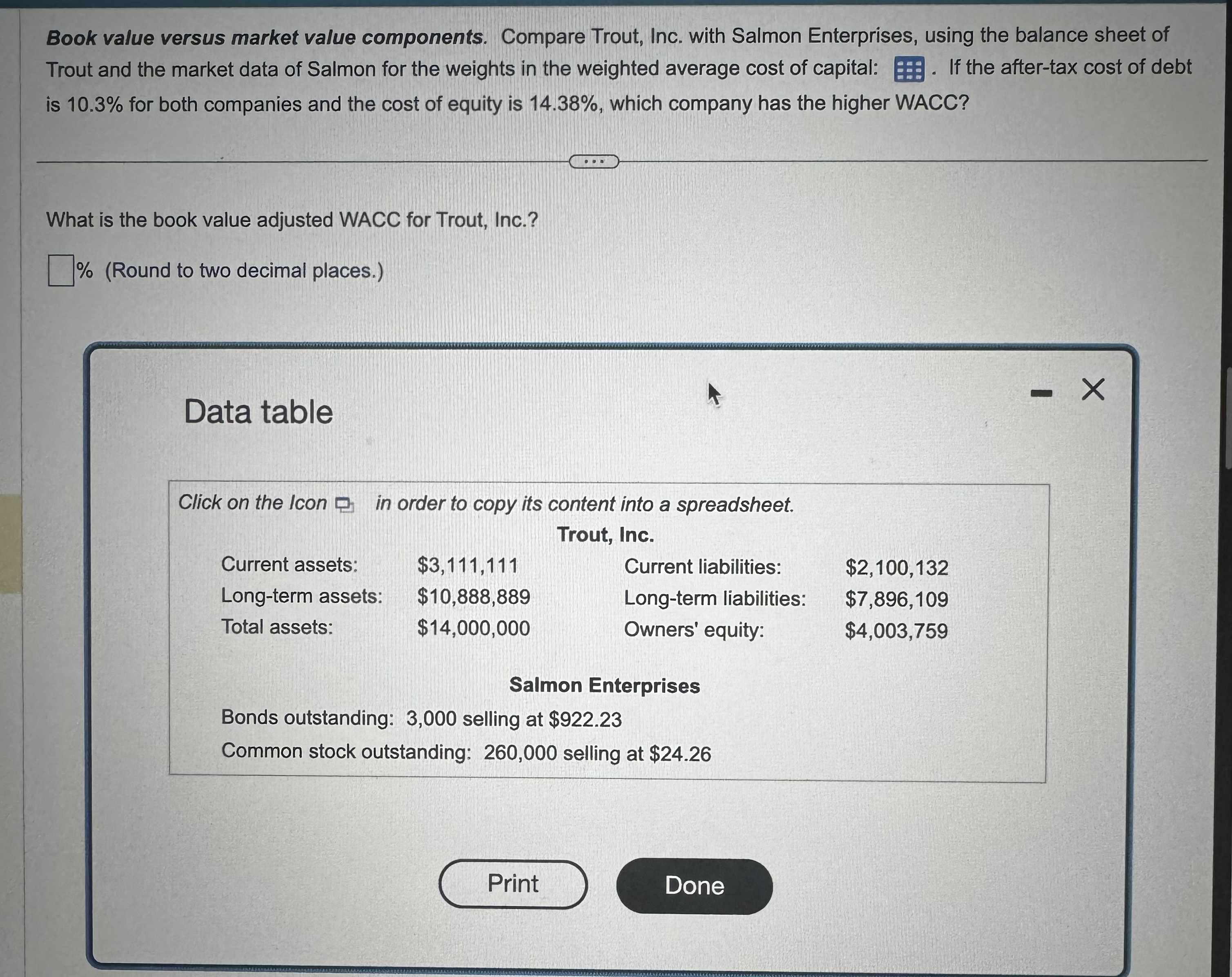  Book value versus market value components. Compare Trout, Inc. with Salmon