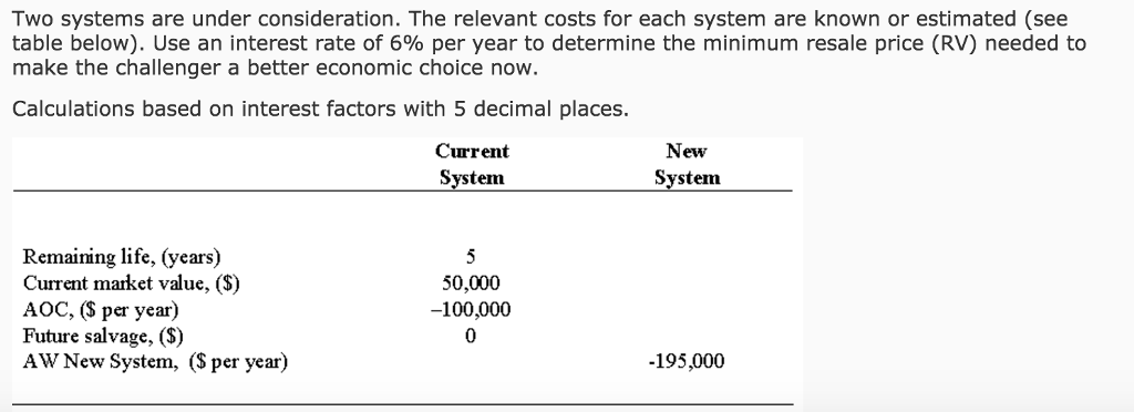  Two systems are under consideration. The relevant costs for each system