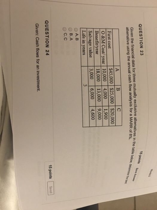  Given the financial data for three mutually exclusive alternatives in the