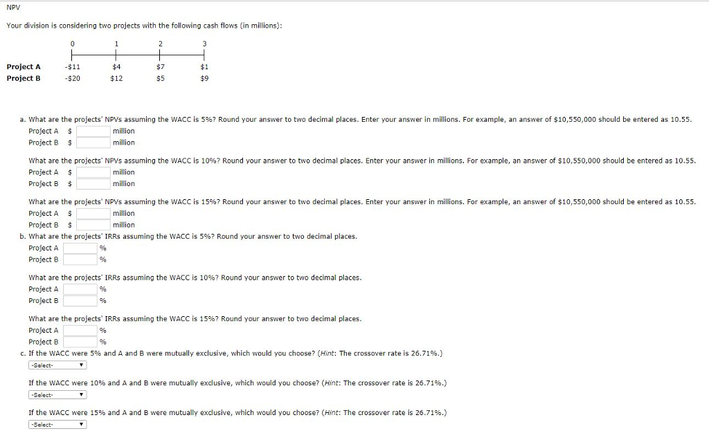 NPV Your division is considering two projects with the following cash