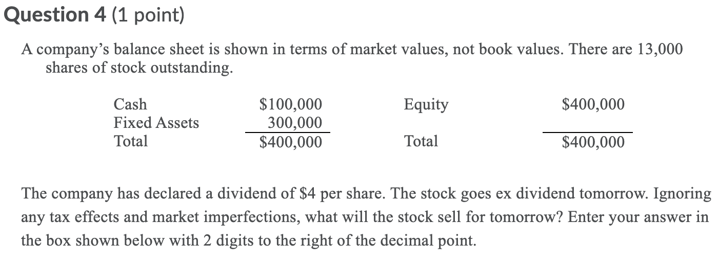  Question 4 (1 point) A company's balance sheet is shown in