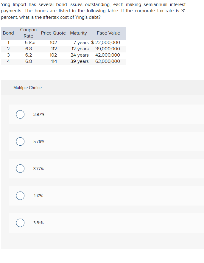  Ying Import has several bond issues outstanding, each making semiannual interest