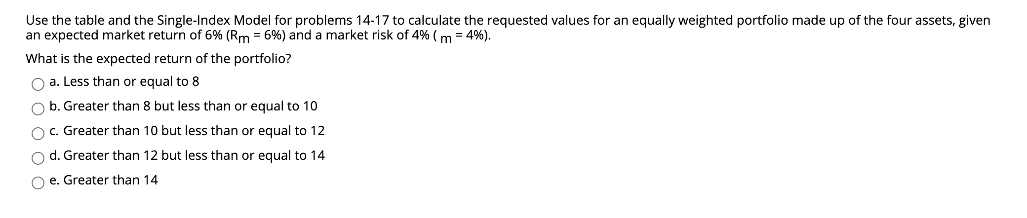  Use the table and the Single-Index Model for problems 14-17 to