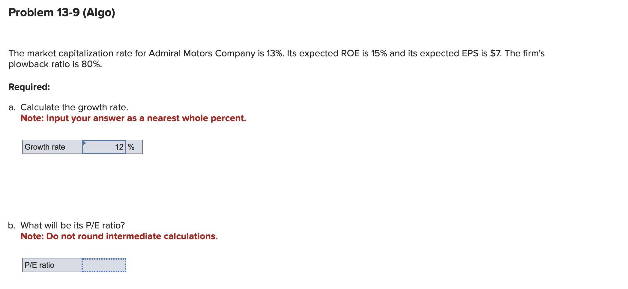  Problem 13-9(Algo) The market capitalization rate for Admiral Motors Company is