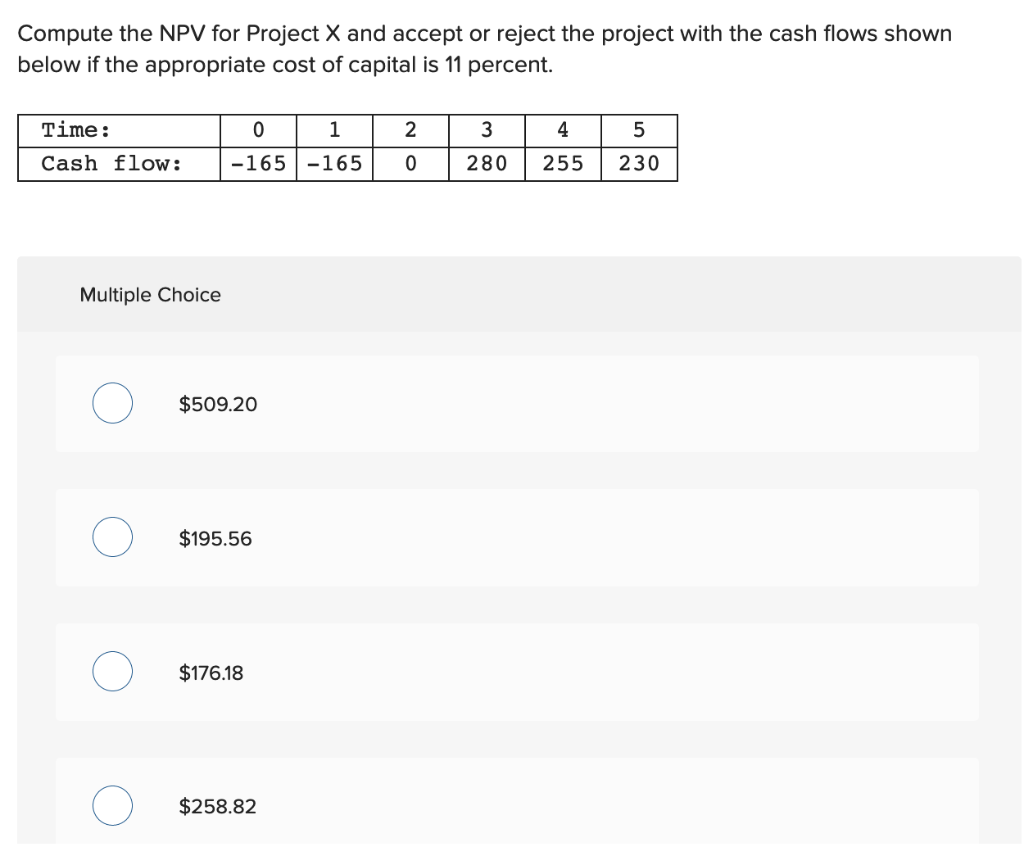  Compute the NPV for Project X and accept or reject the
