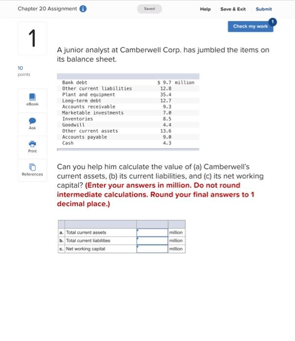  Chapter 20 Assignment Saved Help Save & Exit Submit Check my