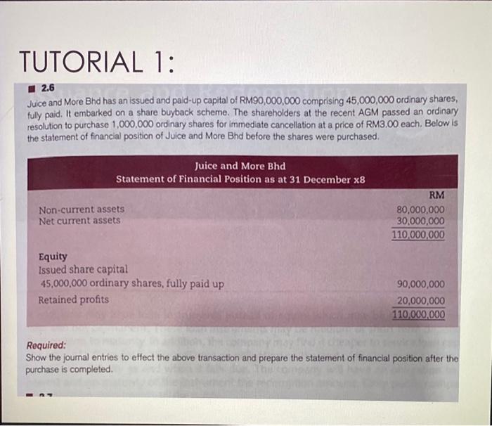  TUTORIAL 1: 2.6 Juice and More Bhd has an issued and