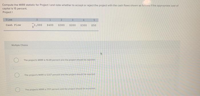  Compute the MIRR statistic for Project and note whether to accept