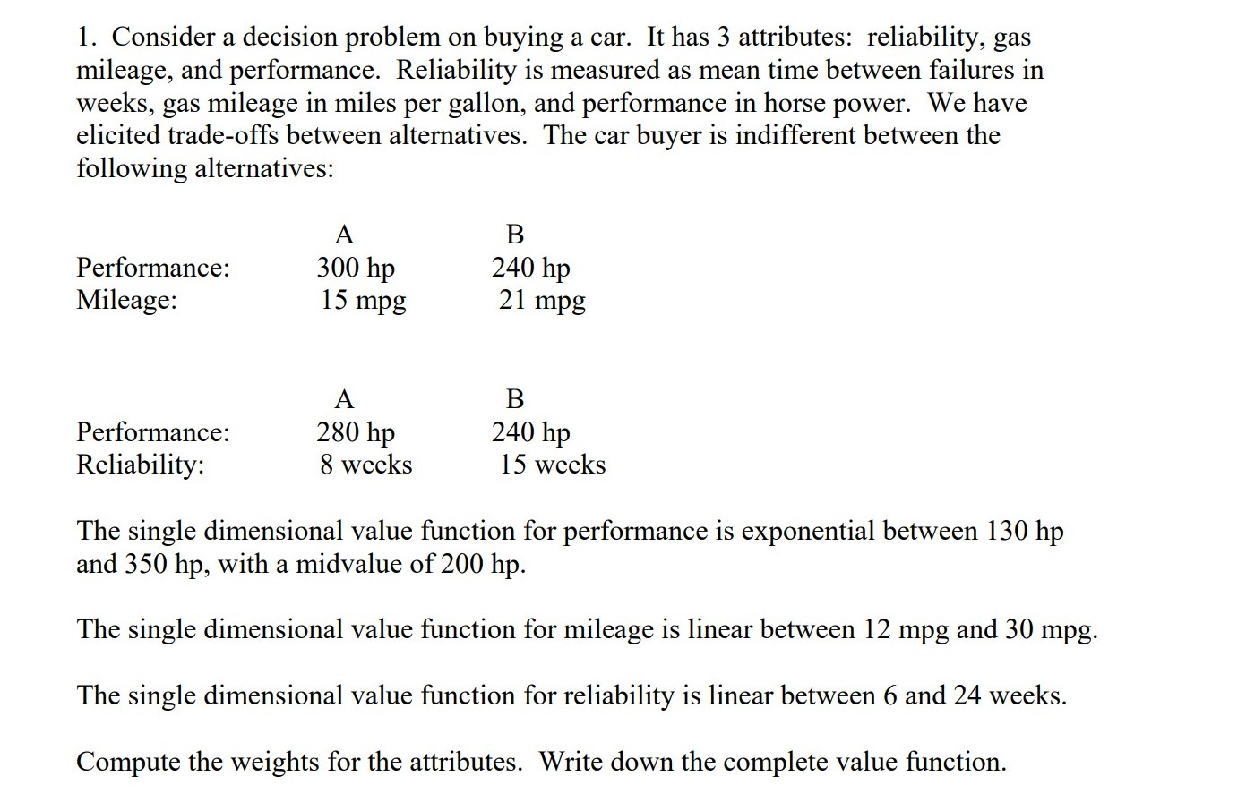 please help: 1. Consider a decision problem on buying a car. It
