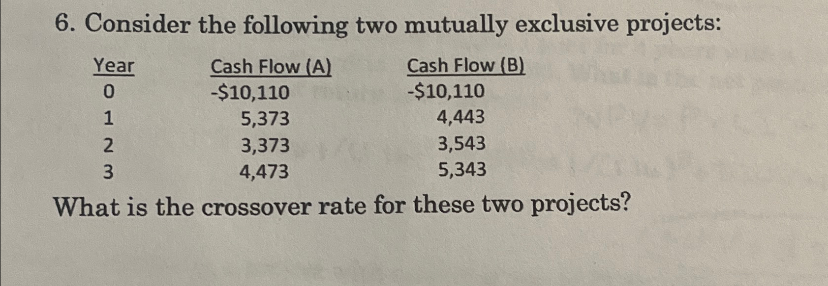  Consider the following two mutually exclusive projects: \table[[Year,Cash Flow (A),Cash Flow