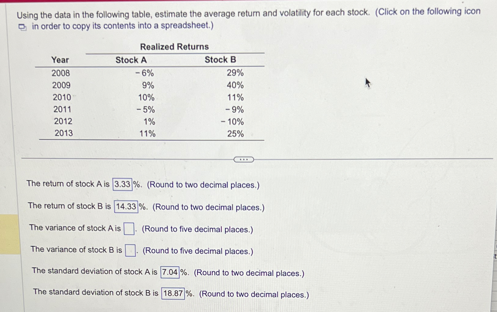  Using the data in the following table, estimate the average return
