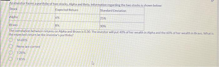  The correlation between returns on Alpha and Bravo is 0.30 .
