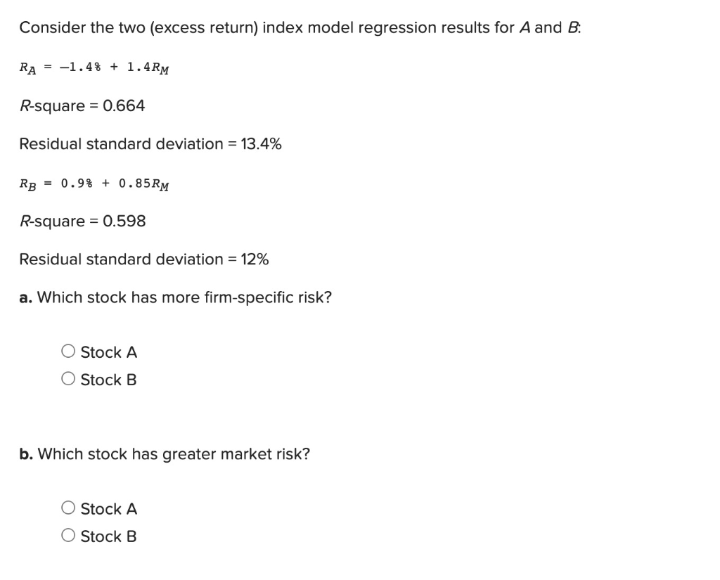 Consider the two (excess return) index model regression results for A