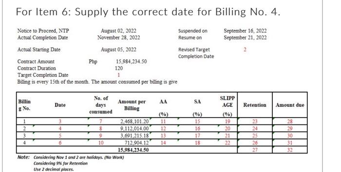  For Item 6: Supply the correct date for Billing No. 4.
